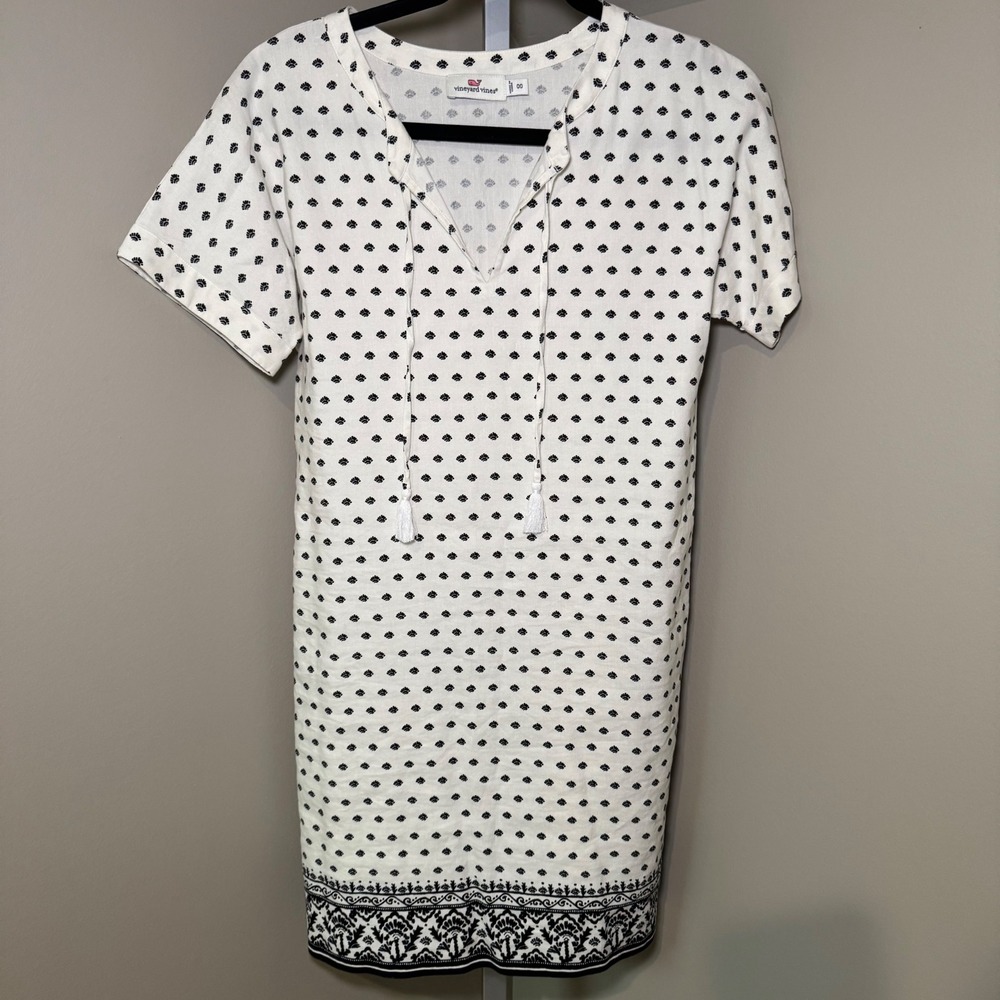 Vineyard Vines Fans Border Print Dress Women's Size 00 White Black‎ Linen Blend